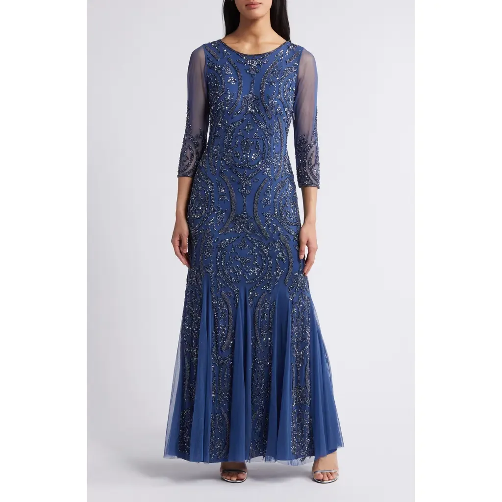Sequin Beaded Illusion Mesh Three-Quarter Sleeve Gown - Denim by Pisarro Nights