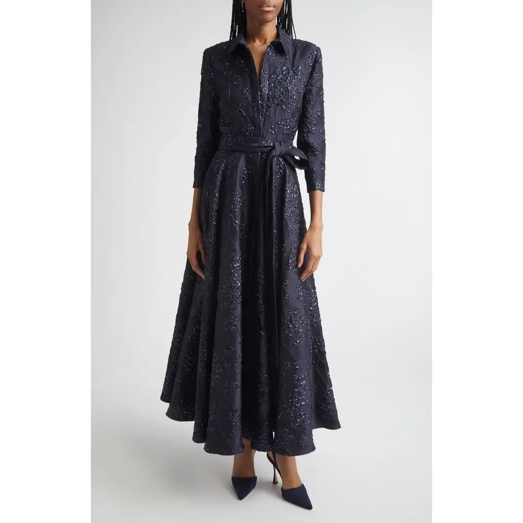 Metallic Floral Jacquard Trench Dress by Carolina Herrera