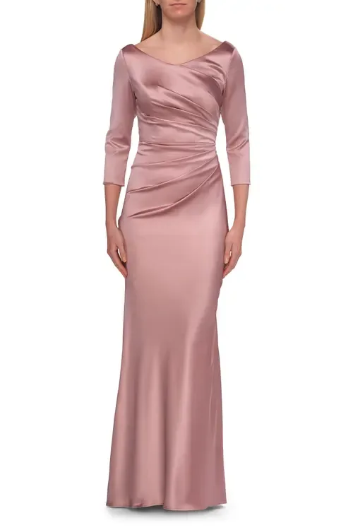 Satin Three Quarter Sleeve Draped Evening Gown by La Femme