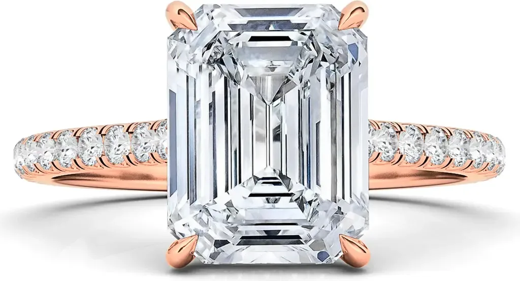 Emerald Cut Pavé Lab Grown Diamond Ring in 18K Rose Gold by HauteCarat