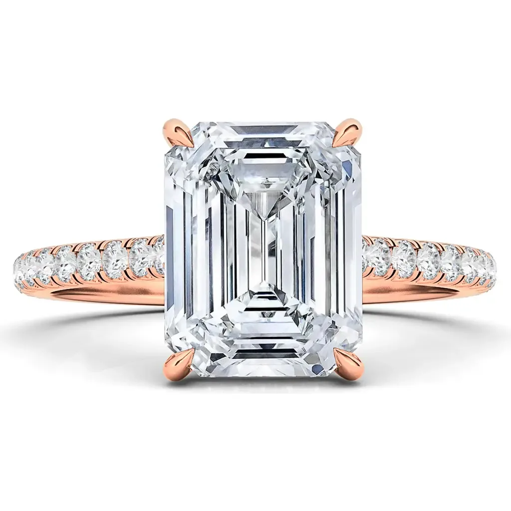 Emerald Cut Pavé Lab Grown Diamond Ring in 18K Rose Gold by HauteCarat