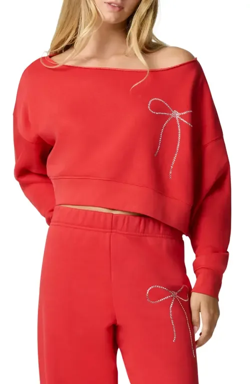 Crystal Bow Off the Shoulder Crop Sweatshirt by Florence by Mills