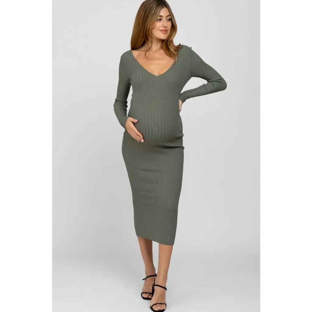 V-Neck Long Sleeve Fitted Maxi Dress by PinkBlush