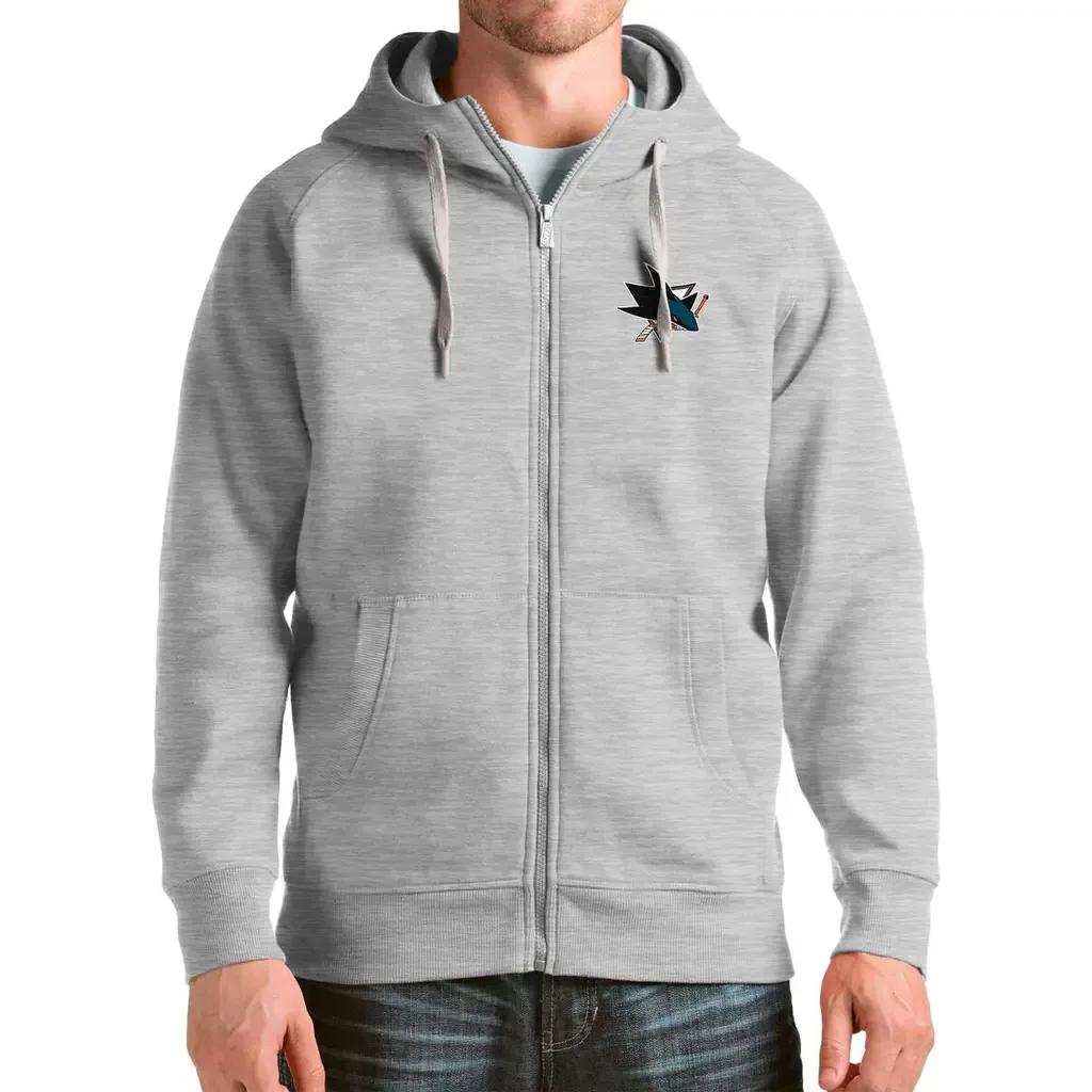Antigua Heathered Gray San Jose Sharks Logo Victory Full-Zip Hoodie by ANTIGUA