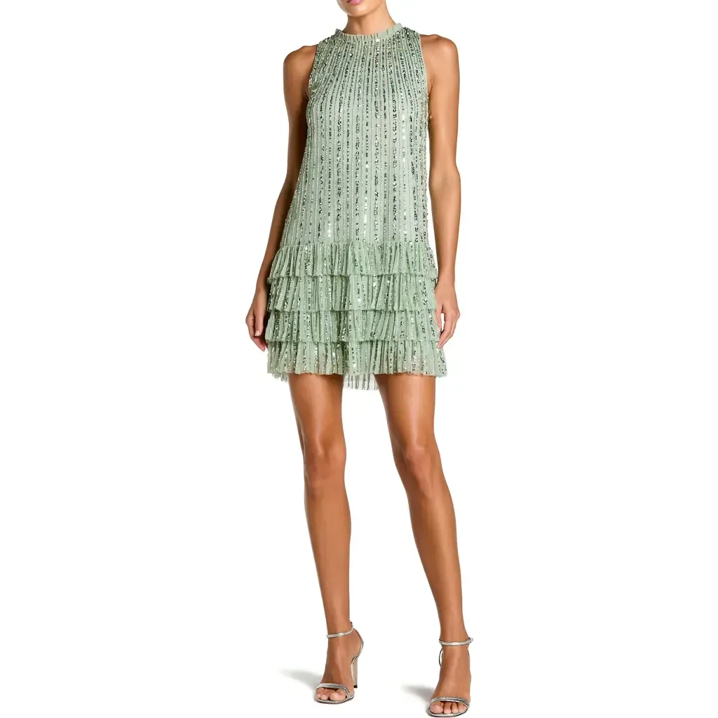 Sleeveless Striped Sequin Tiered Ruffle Mini Dress by Mac Duggal
