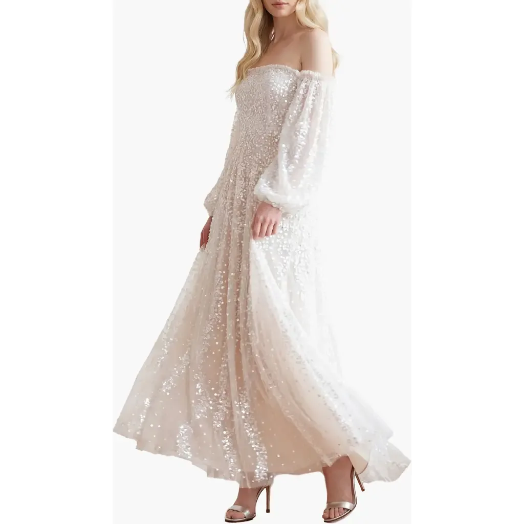 Confetti Gloss Off-Shoulder Gown by Needle & Thread