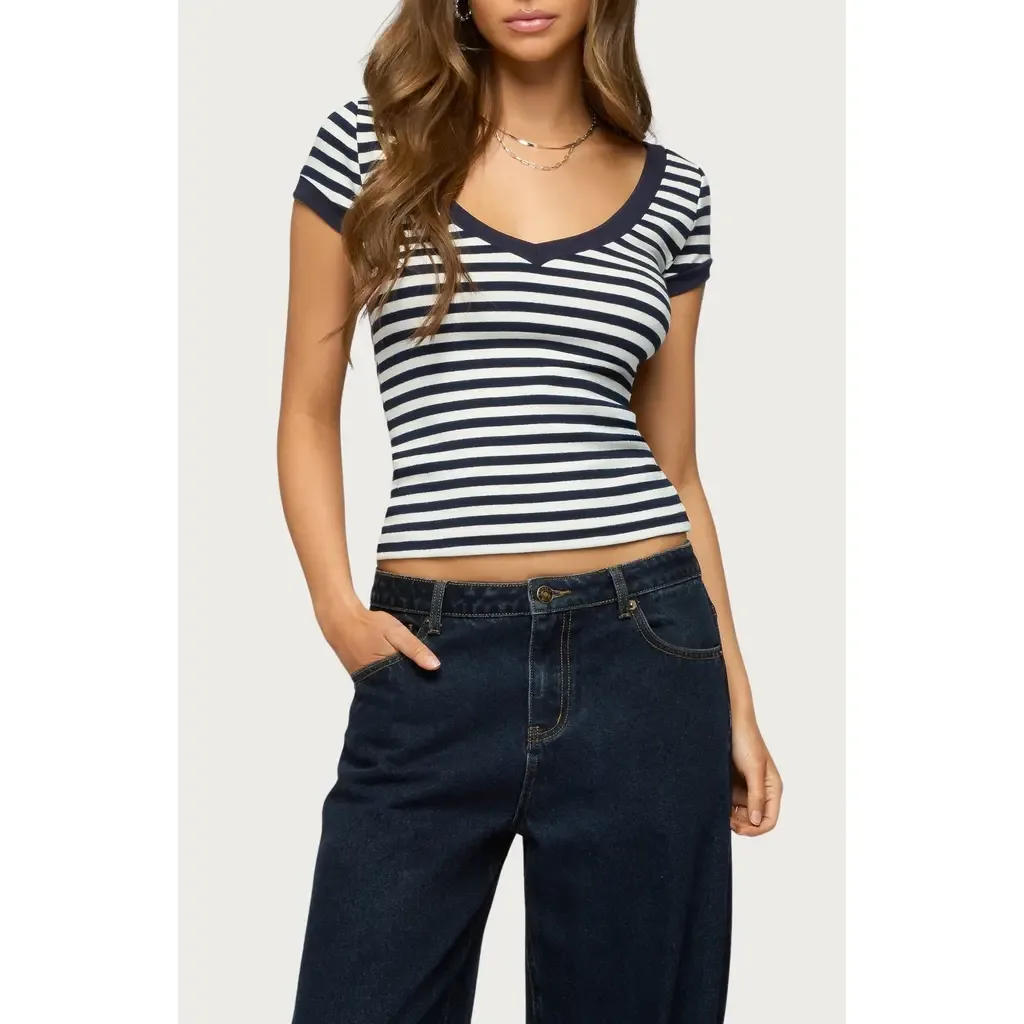 Antonela Stripe V-Neck T-Shirt by EDIKTED