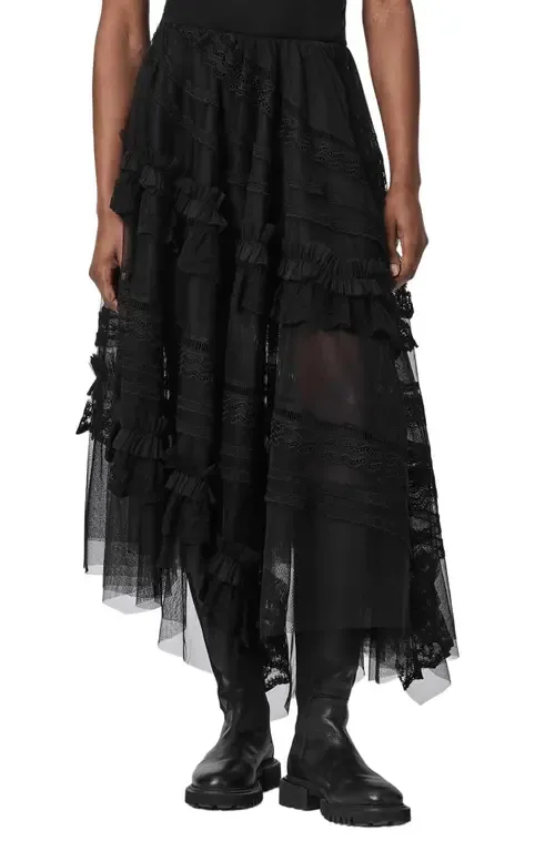 Jen Ruffle Lace Midi Skirt by AllSaints