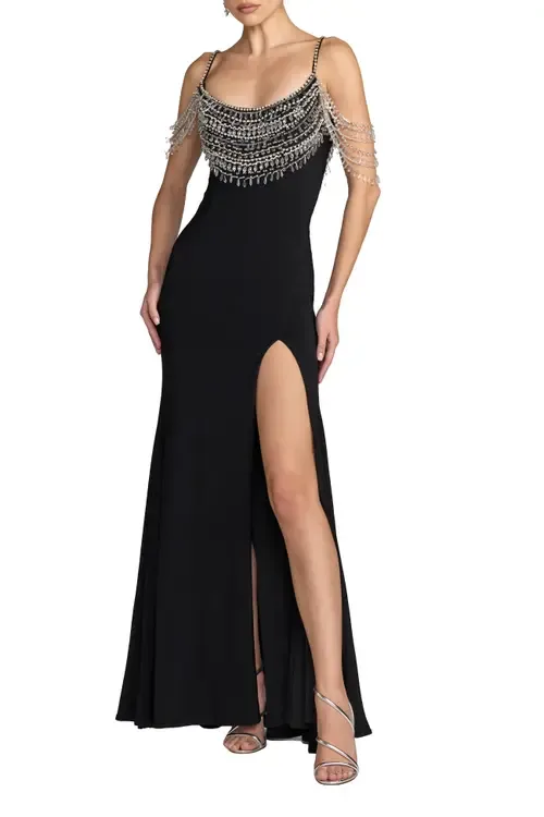 Crystal Beaded Scoop Back Jersey Gown with Slit by Mac Duggal