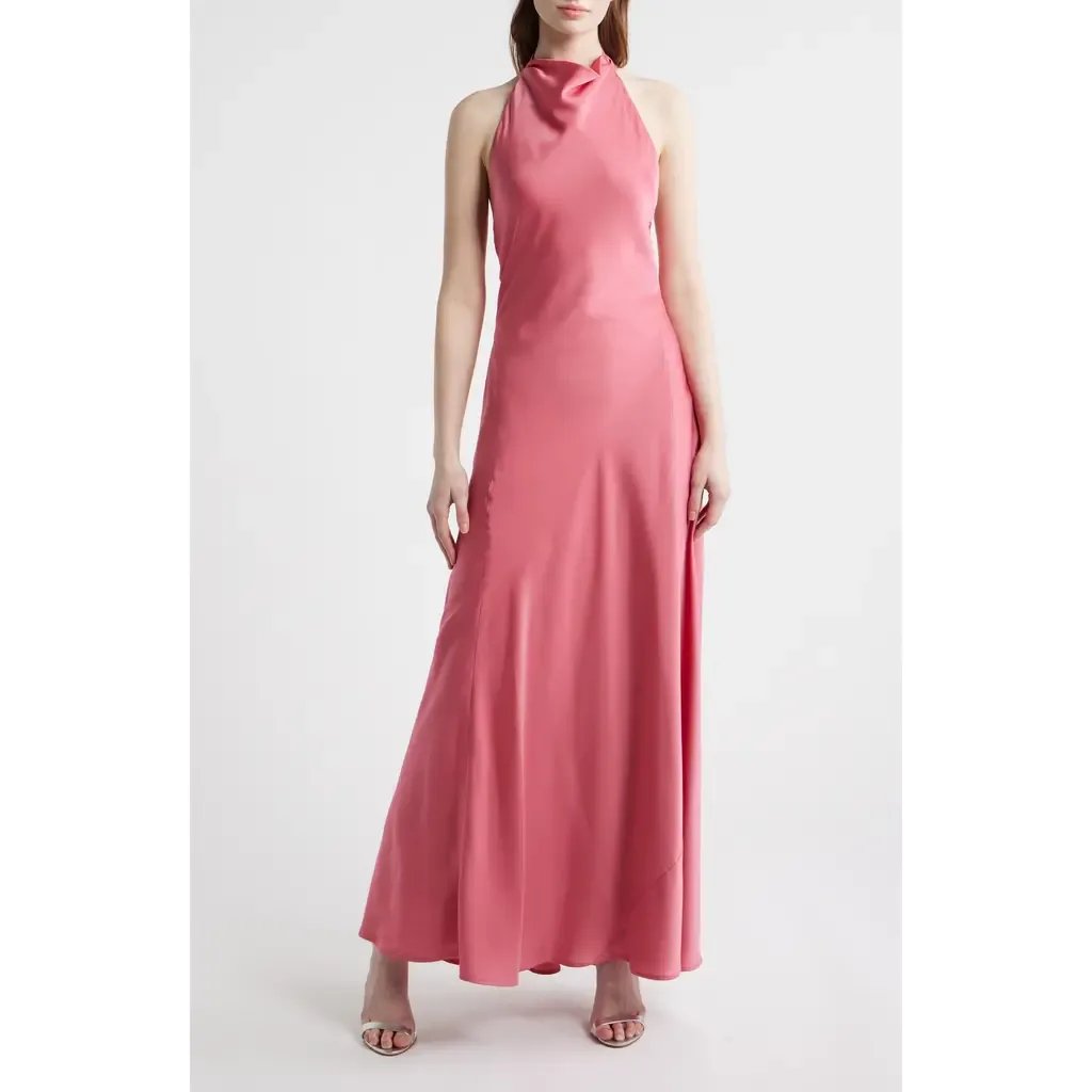 Sibella Cowl Halter Neck Satin Gown by WAYF