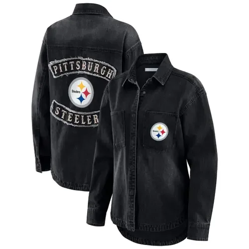 Pittsburgh Steelers Washed Oversized Denim Full-Snap Shacket by WEAR by Erin Andrews