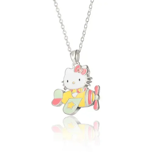 Silver Plated Enamel Pink Crystal 3D Plane Necklace by Hello Kitty