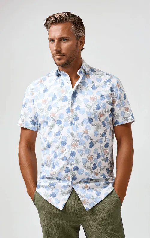 Tech Pique Resort Print SS Button-Up Shirt by Stone Rose