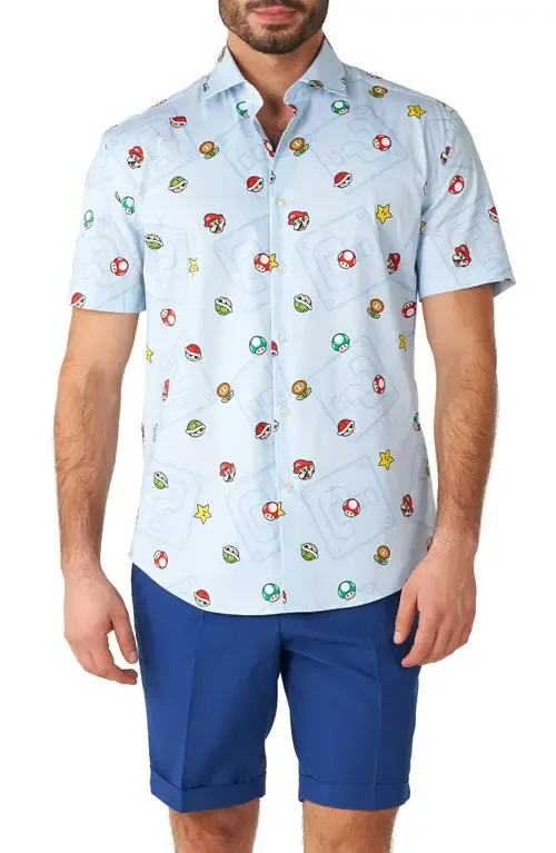 Super Mario™ Stretch Short Sleeve Button-Up Shirt by OppoSuits