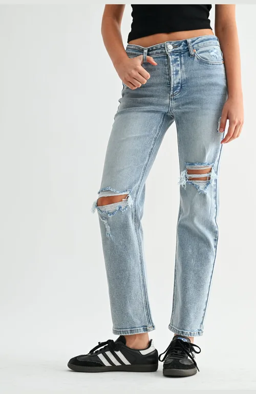 Ripped Mid Rise Ankle Straight Leg Jeans by Jemina Denim