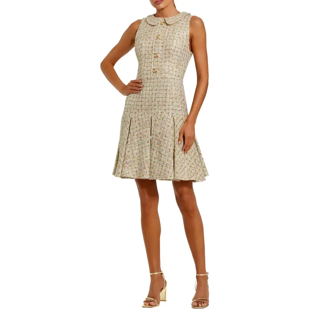 Sleeveless Boucle Mini Dress with Soft Pleats