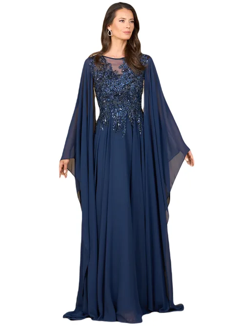 Chiffon A-Line Long Gown with Cape Sleeves by LARA New York