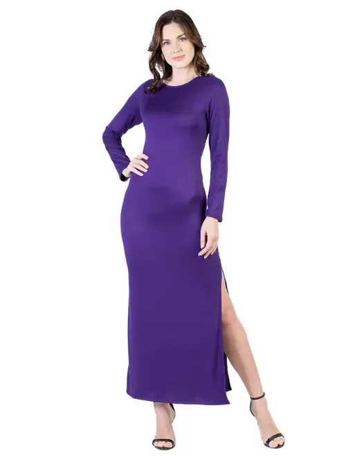 Long Sleeve Side Slit Fitted Maxi Dress by 24seven Comfort Apparel