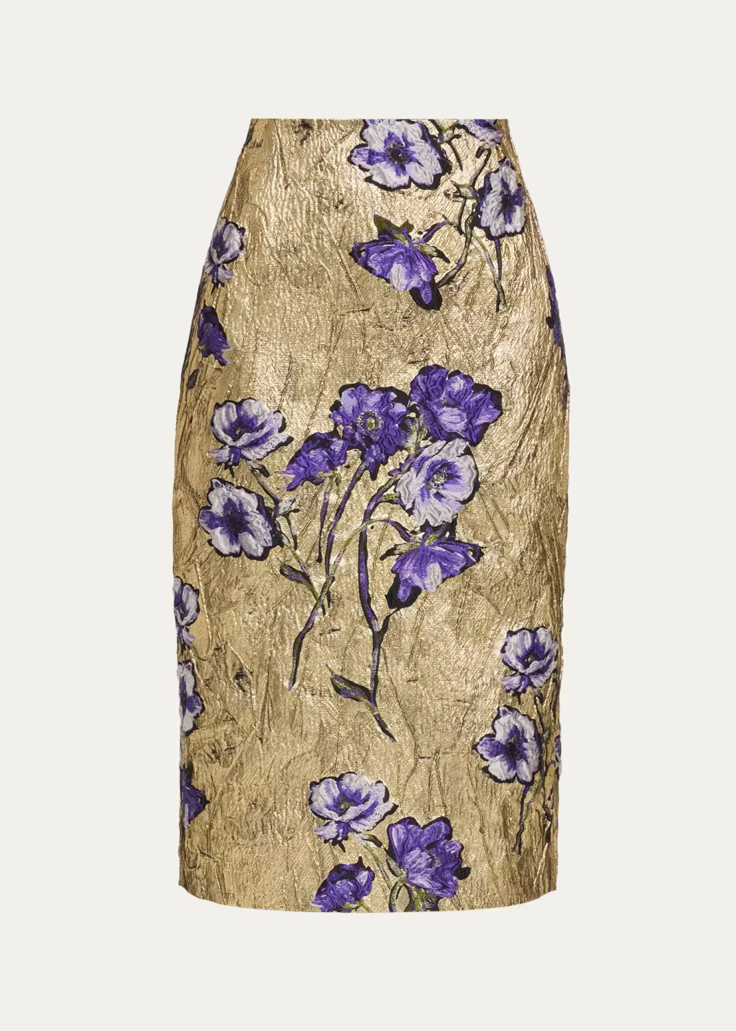 Metallic Floral Brocade Midi Pencil Skirt