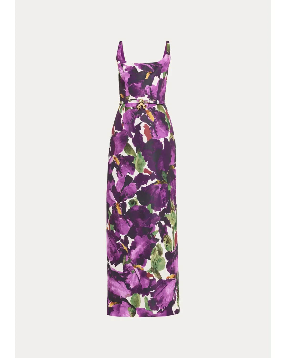 Watercolor Iris Faille Belted Sleeveless Column Gown by Oscar de la Renta
