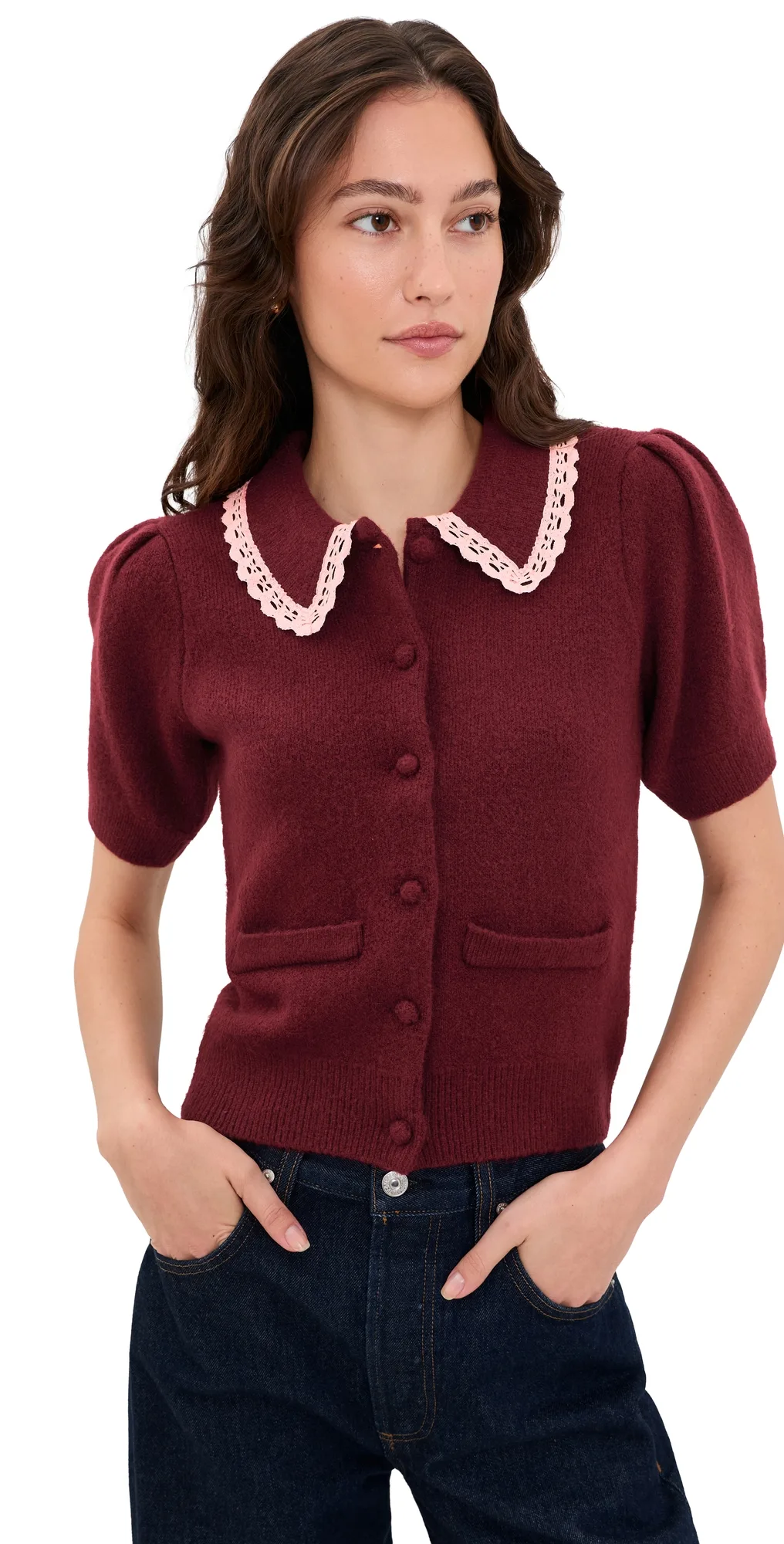 Scalloped Crochet Collar Cardigan by English Factory