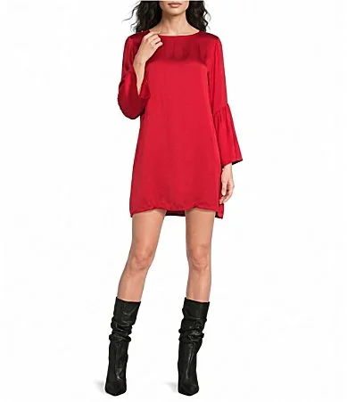 Twila Satin Woven Round Neck Long Ruffle Bell Sleeve Mini Dress by Bryn Walker