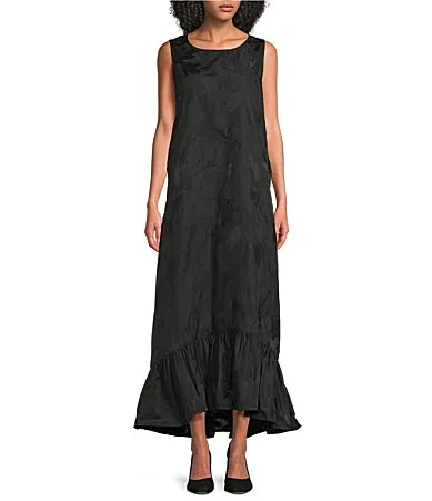 Angelina Memory Crunch Jacquard Round Neck Sleeveless High-Low Ruffle Hem Dress