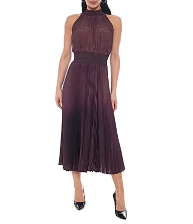 Sleeveless Pleated Halter Midi Dress by Oleg Cassini