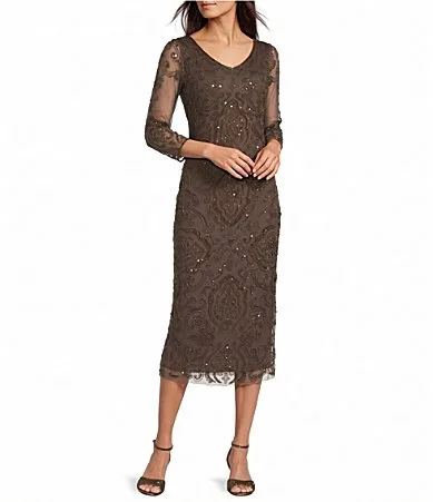 Mesh V-Neck 3/4 Sleeve Beaded Midi Dress by Pisarro Nights