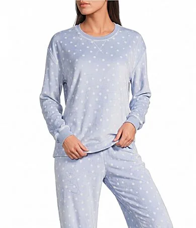 Blue Dots Print Velour Long Sleeve Crew Neck Coordinating Holiday Sleep Top by Sleep Sense