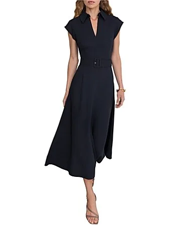 Woven Collared Cap Sleeve Belted Midi Dress