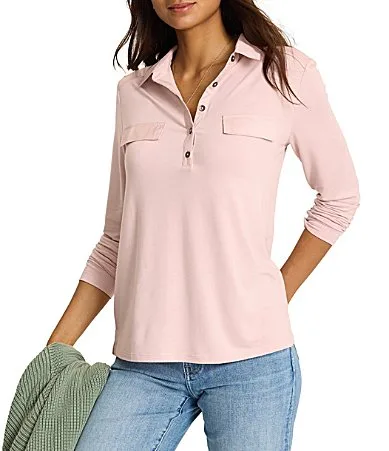 Kauai Jersey Knit Point Collar Long Sleeve Button Placket Woven Trim Shirt by Tommy Bahama
