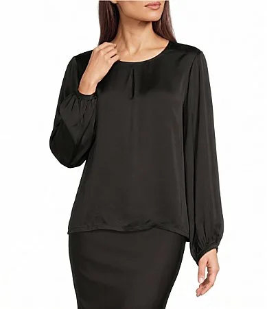 Lucinda Satin Woven Round Neck Long Dolman Sleeve High-Low Hem Shirt by Bryn Walker