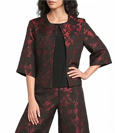 Calla Wool-Blend Floral Round Neck Elbow Sleeve Open-Front Coordinating Jacket by Bryn Walker