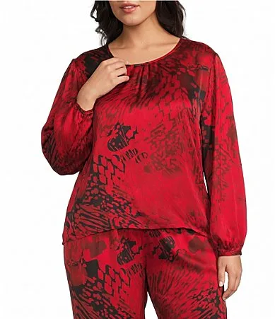Lucinda Satin Woven Abstract Grunge Pattern Round Neck Long Dolman Sleeve High-Low Hem Coordinating S by Bryn Walker