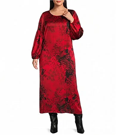 Satin Woven Encanto Print Crew Neck 34 Sleeve Lanterna Long Dress by Bryn Walker