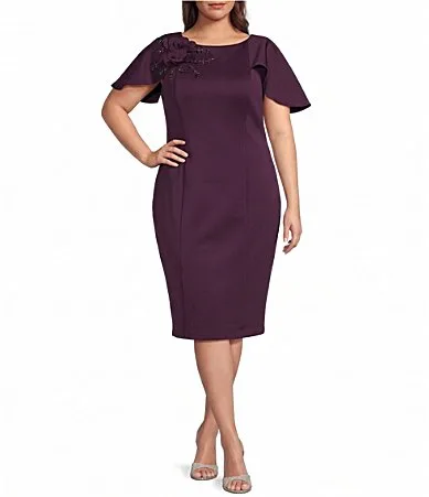 Short Sleeve Crew Neck Floral Applique Scuba Dress by Adrianna Papell