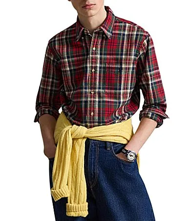 Custom Fit Multi Color Plaid Brushed Oxford Long Sleeve Woven Shirt by Polo Ralph Lauren