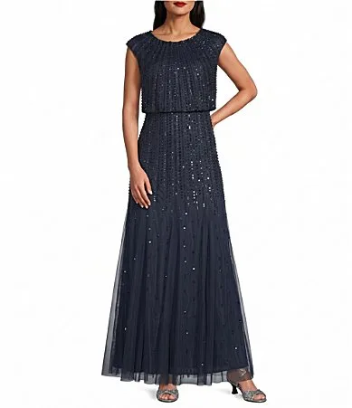 Cap Sleeve Beaded Mesh Blouson Dress by Pisarro Nights