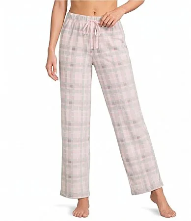 Pink Plaid Print Velour Drawstring Tie Coordinating Sleep Pants