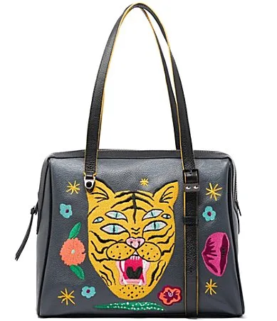 Esther Happy Tiger Embroidered Satchel Bag by Min & Mon