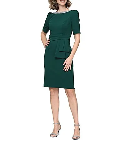 Short Sleeve Embellished Boat Neck Sheath Dress by Alex Evenings