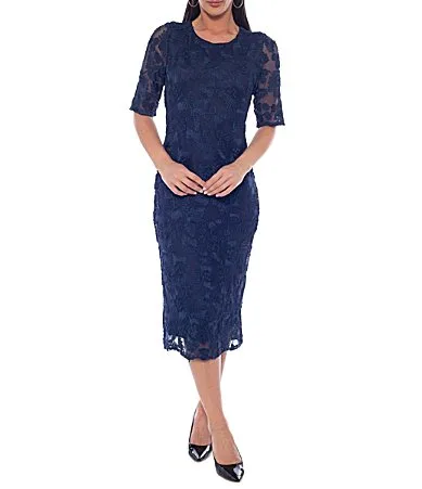 Soutache Mesh Elbow Sleeve Midi Dress by Oleg Cassini