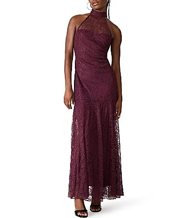 Izzi Illusion Halter Neck Cutaway Shoulder Lace Maxi Dress