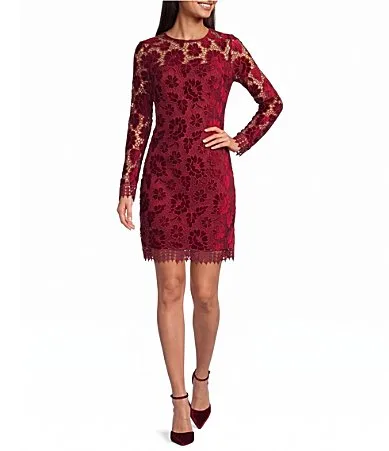 Caspen Knit Textured Floral Velvet Round Neck Long Sleeve Mini Shift Dress by Steve Madden