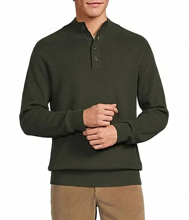 Long Sleeve Solid Button Mock Neck Sweater by Roundtree & Yorke