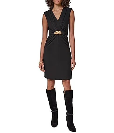 Knit Velvet V-Neck Sleeveless Front Hardware Knee High Length Sheath Dress by Donna Karan