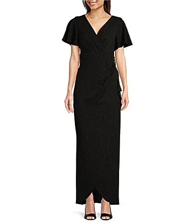 Short Flutter Sleeve V-Neck Glitter Knit Empire Embellished Waist Faux Wrap Maxi Dress by Ignite Evenings