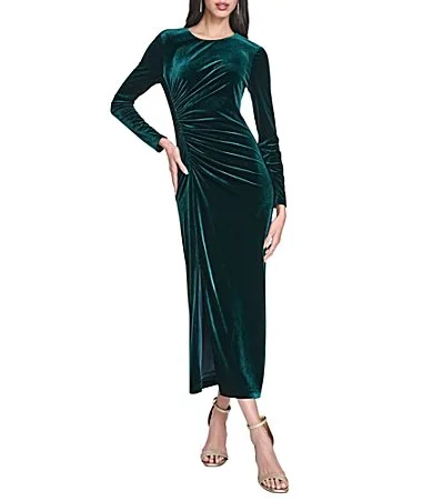Long Sleeve Jewel Neck Velvet Front Ruching Bodycon Dress by Vince Camuto