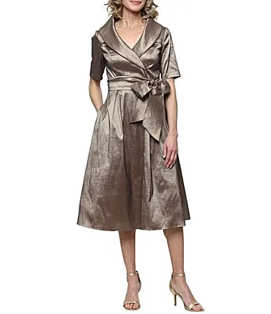 Stretch Taffeta Portrait Collar Elbow Sleeve Tie Waist Midi Dress by Alex Evenings